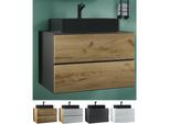 VCM 2-tlg. Waschplatz Waschtisch schwarzes Waschbecken Unterschrank Breite 80 cm Badmöbel Set mit Schubladen Lendas S BL