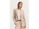 Kurzblazer BUGATTI "Regular Fit", Damen, Gr. 38, beige (50, beige), Canvas, 73% Polyester, 24% Viskose, 3% Elasthan, gestreift, regular fit, Blazer Kurzblazer, mit Reverskragen und Streifen