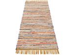 Teppich CARPETFINE "Kelim Chindi, Wendeteppich", gelb, B:75cm H:6mm L:240cm, Baumwolle, Polyester, Teppiche, Teppich, handgewebt, Fleckerlteppich mit Fransen, auch vielen in Läufergrößen