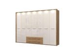Kleiderschrank OTTO HOME "Gala, beige hochglänzend UV lackiert, kratzfest, FSC-zertifiziert", beige (beige, pacific walnut), B:317cm H:224cm T:56cm, Holzwerkstoff, MDF, Schränke, Kleiderschrank, mit Beleuchtung und Passpartourahmen, hoher Schrank (224cm), 4 Breiten