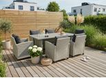 Garten-Essgruppe KONIFERA "Amsterdam", grau, Polyrattan, Stahl, Sitzmöbel-Sets, bestehend aus 6 Sesseln, 12 Sitz- und Rückenkissen und 1 Tisch