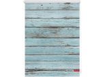 Seitenzugrollo LICHTBLICK ORIGINAL "Rollo Klemmfix, ohne Bohren, Verdunkelung, Bretter-Vintage", blau (petrol, weiß), B:45cm H:150cm, Polyester, Rollos, Seitenzugrollo