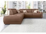 Ecksofa DOMO COLLECTION "Ava, moderne Sitzheftung mit toller Doppelnaht, komfortabel, L-Form", braun (espresso), B:266cm H:84cm T:99cm, Kunstleder SOFTLUX;Struktur fein (100% Polyester);Zierkissen: Microfaser PRIMABELLE (100% Polyester);Struktur (100% Polyester);Microfaser PRIMABELLE (100% Polyester), Sofas, Ecksofa, mit Ottomane, inkl. Federkern, wahlweise mit Kopfteilverstellungen