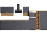 Küchenzeile KOCHSTATION "KS-Milan", grau (küche: grau, front: anthrazit, korpus: grafitgrau, arbeitsplatte: wotaneiche), B:390cm H:200cm T:60cm, Komplettküchen-Sets, Küchenzeile, 390 cm breit, viel Stauraum, wahlweise mit E-Geräten