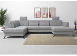 Wohnlandschaft SIT & MORE "Olsen U-Form", grau (hellgrau), B:335cm H:88cm T:201cm, 100% Polyester, Sofas, Wohnlandschaft, inklusive Sitztiefenverstellung, wahlweise mit Bettfunktion, 15cm hoch