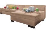 Ecksofa DOMO COLLECTION "Norma, elegant & modern, mit flachen Armlehnen, Breite 268cm, L-Form", braun (cafe), B:268cm H:74cm T:153cm, NaturLEDER in Sitz und Rücken. Korpus in passendem Kunstleder SOFTLUX bezogen;Struktur (90% Polyester, 10% Polyacryl);Mosel Struktur (100% Polyester);Kunstleder SOFTLUX;Microfaser-PRIMABELLE (100% Polyester), Sofas, Ecksofa, wahlweise mit Bettfunktion