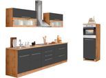 Küchenzeile KOCHSTATION "KS-Wien", schwarz (küche: grau, front: anthrazit, korpus: wotaneichefarben, arbeitsplatte: wotaneichefarben), B:340cm T:60cm, Komplettküchen-Sets, Küchenzeile, Breite 340 cm, wahlweise mit E-Geräten und Induktion