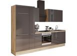 Küchenzeile KOCHSTATION "KS-Aken", grau (küche: grau, korpus: wildeichefarben, arbeitsplatte: eiche struktur), B:300cm H:212cm T:60cm, Komplettküchen-Sets, Küchenzeile, Breite 300 cm, wahlweise mit E-Geräten, mit Arbeitsplatte 38 mm stark