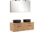 Badmöbel-Set WELLTIME "Welltime, Carlton Waschtisch-Set, 80 oder 120 cm, gestreift", schwarz (wotnaeiche, schwarz), Set 16: 2tlg. Waschtisch-Set 120cm: Spiegelschrank 120cm und Waschtischmit 2 schwarzen Aufsatzbecken, Holzwerkstoff, Kastenmöbel-Sets, Badmöbel-Set