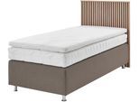 Boxspringbett "Quercus", beige (schwarz, beige), L:206cm, Kopfteil MDF/Dekor Eiche hell, Boxenbezug: Feinstruktur 100% Polyester, Box: Holzwerkstoff mit Bonnellfederung, Füße: verchromtes Metall, Topper: Kaltschaum, WESTFALIA SCHLAFKOMFORT, Komplettbetten, Boxspringbett, wahlweise mit LED-Beluchtung, 3 Matratzenarten zur Auswahl