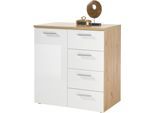 Kommode HBZ "Pablo weiß Glanz, BxHxT 80x84x50 cm", weiß (weiß, artisan eiche), B:80cm H:84cm T:50cm, Holzwerkstoff, Sideboards, Kommode, Kommode mit 1 Tür, 4 Schubkästen, 1 Einlegeboden verstellbar