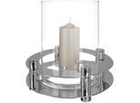 Windlicht FINK "RICARDO", silber (silberfarben), H:9cm Ø:11cm, Metall, Kerzenhalter, Windlicht, aus mundgeblasenem Glas