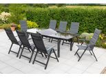 Garten-Essgruppe MERXX "Taviano", grau (anthrazit, anthrazit, grafit), Polyester, Aluminium, Polyester, Sicherheitsglas, Sitzmöbel-Sets, Garten-Essgruppe, 8 Klappsessel, 5-fach verstellbar, Ausziehtisch
