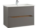 Waschtisch SAPHIR "Quickset Keramikwaschtisch mit Unterschrank, 75 cm breit", grau (quarzgrau matt, akzent riviera eiche quer nb, quarzgrau matt touch), B:75cm T:45cm, Holzwerkstoff, Keramik, Waschtische, Waschtisch, Waschplatz, Unterschrank mit Waschbecken, 2 Schubladen, grifflos