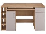 Schreibtisch VOGL MÖBELFABRIK "Tim mit seitlich offenen Fächern & Tastaturauszug", grau (wildeichefarben, kieselfarben), B:138cm H:74cm T:60cm, Tische, Schreibtisch, Druckerablage, 1 Schublade, Breite 138 cm, Made in Germany
