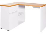 Eckschreibtisch JAHNKE "CU-LIBRE 125 E", braun (kerneiche, weiß, weiß, kerneiche), B:117cm H:76,2cm T:90cm, Tische, Eckschreibtisch, wechselseitig montierbar