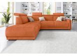 Ecksofa DOMO COLLECTION "Ava, moderne Sitzheftung mit toller Doppelnaht, komfortabel, L-Form", orange (terrakotta), B:266cm H:84cm T:99cm, Kunstleder SOFTLUX;Struktur fein (100% Polyester);Zierkissen: Microfaser PRIMABELLE (100% Polyester);Struktur (100% Polyester);Microfaser PRIMABELLE (100% Polyester), Sofas, Ecksofa, mit Ottomane, inkl. Federkern, wahlweise mit Kopfteilverstellungen