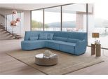 Ecksofa EGOITALIANO "Puffy, extravagant & edel, Retro Designsofa, hoher Sitzkomfort, L-Form", blau (hellblau), B:330cm H:88cm T:205cm, Luxus-Micofaser Lederoptik (100% Polyester) ist ein neues technisches Gewebe mit einem visuellen und taktilen Aspekt, der dem Nubuk sehr nahe kommt, mit innovativen Eigenschaften. Seine außerordentliche Weichheit kommt von einem exklusiven Produktionsprozess, der U