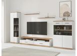 Wohnwand OTTO HOME "Ribe Wohnwand Set-5 St.", weiß (weiß, eiche), Holz teilmassiv, Kastenmöbel-Sets, Wohnwand, Glaseinsatz aus gehärtetem Glas,Böden teilweise versetzbar