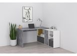 Eckschreibtisch FMD "Lexo", grau (betonfarben, weiß), B:136cm H:74cm T:66,5cm, Tische, Eckschreibtisch, Schreibtisch/Sideboard viel Stauraum, beidseitig montierb., 136/205 cm