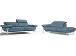 Sofa EGOITALIANO "Anais, erstklassiger Sitzkomfort, Fußfarbe chrom", blau (hellblau), Sofas, Luxus-Microfaser Lederoptik, Ottomane Armlehne links, Sofa, Set, Kopfteil verstellbar, Luxus-Microfaser Lederoptik, hellblau