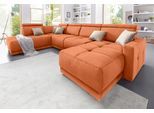 Wohnlandschaft DOMO COLLECTION "Ava moderne Sitzheftung mit toller Doppelnaht, komfortabel, U-Form", orange (terrakotta), B:351cm H:84cm T:222cm, Zierkissen: Microfaser PRIMABELLE (100% Polyester);Struktur (100% Polyester);Microfaser PRIMABELLE (100% Polyester);Kunstleder SOFTLUX;Struktur fein (100% Polyester), Sofas, Wohnlandschaft, mit Federkern, wahlweise mit Kopfteilverstellungen