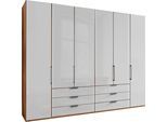 Falttürenschrank WIEMANN "Monaco, Kleiderschrank, Schrank, Wäscheschrank, mit edler Glasfront", braun (bianco, eiche, nachbildung, glas weiß), B:295,3cm H:236cm T:58cm, Floatglas, Holzwerkstoff, Schränke, Falttürenschrank, inkl. gepämpften Schubkästen und Türen, mit Panoramaöffnung