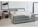 Boxspringbett OTTO PRODUCTS "Peetu", blau (graublau), B:210cm L:213cm, Struktur fein aus 100%-recyceltem Polyester, Komplettbetten, Boxspringbett, Taschenfederkern-Matratze, in 4 Breiten und 4 Farben, incl. Topper
