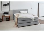 Boxspringbett OTTO PRODUCTS "Peetu", blau (graublau), B:170cm L:213cm, Struktur fein aus 100%-recyceltem Polyester, Komplettbetten, Boxspringbett, Taschenfederkern-Matratze, in 4 Breiten und 4 Farben, incl. Topper