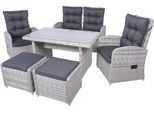 Garten-Essgruppe GARDEN PLEASURE "Tischgruppe »LYON« grau", grau, Wicker/Kunststoffgeflecht, Sitzmöbel-Sets, Garten-Essgruppe, 2 Sessel, 1 Bank, 2 Hocker, Tisch LxB: 122x72 cm, inkl Auflagen