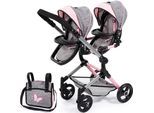 Puppen-Zwillingsbuggy BAYER "Twin Neo", grau (schmetterling grau, rosa), Puppenwagen, KinderB:41,5cm H:81cm T:81,5cm, Kunststoff, Metall, Stoff, Puppen-Zwillingsbuggy, mit Wickeltasche, B:41,5cm H:81cm T:81,5cm