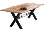 Esstisch SIT, beige (natur, antikschwarz, antikschwarz, natur), B:160cm H:76cm T:85cm, Platte Akazie, Gestell Metall, Tische, Esstisch, mit Baumkante wie gewachsen