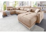 Wohnlandschaft DOMO COLLECTION "Ava moderne Sitzheftung mit toller Doppelnaht, komfortabel, U-Form", beige (natur), B:351cm H:84cm T:222cm, Zierkissen: Microfaser PRIMABELLE (100% Polyester);Struktur (100% Polyester);Microfaser PRIMABELLE (100% Polyester);Kunstleder SOFTLUX;Struktur fein (100% Polyester), Sofas, Wohnlandschaft, mit Federkern, wahlweise mit Kopfteilverstellungen