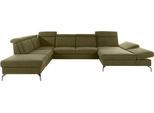 Wohnlandschaft SIT & MORE "Brisbane U-Form", grün (olive), B:367cm T:243cm, Soft clean (98% Polyester, 2% Polyamid), Sofas, Wohnlandschaft, Fußhöhe 15 cm, inklusive Sitztiefen-, Armteil- und Kopfteilverstellung
