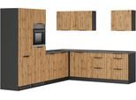 Winkelküche KOCHSTATION "KS-Lagos, Stellbreite 300/240 cm", beige (küche: natur, front: listrado eiche, korpus: grafitgrau, arbeitsplatte: betongrau), B:300cm H:200cm T:60cm, Komplettküchen-Sets, Winkelküche, wahlweise mit E-Geräten, Spüle edelstahl oder schwarz