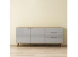 Sideboard OTTO HOME "Lund", grau, B:180cm H:75cm T:40cm, Sideboards, Sideboard, mit glänzenden Fronten, Griffmulden, helles Holzdekor, Breite 180 cm