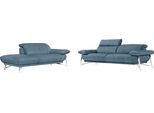 Sofa EGOITALIANO "Anais, erstklassiger Sitzkomfort, Fußfarbe chrom", blau (hellblau), Sofas, Luxus-Microfaser Lederoptik, Ottomane Armlehne rechts, Sofa, Set, Kopfteil verstellbar, Luxus-Microfaser Lederoptik, hellblau