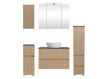 Badmöbel-Set WELLTIME "EIXO, 5tlg.-Set: Spiegelschrank, Waschtisch und Beimöbel", braun (eiche hell), B:110cm H:200cm T:47cm, Holzwerkstoff, Kastenmöbel-Sets, Badmöbel-Set, Set 140 cm breit, Badmöbel mit LED-Beleuchtung