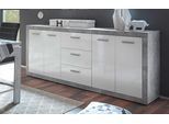 Sideboard HBZ "Stone weiß Hochglanz, Wohnzimmerschrank BxHxT 206x90x45 cm", grau (beton, weiß), B:206cm H:90cm T:45cm, Holzwerkstoff, Sideboards, Sideboard, Mit 4 Türen, 3 geräumigen Schubkästen, 2 Einlegeböden verstellbar