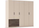 Kleiderschrank RAUCH "Drehtürenschrank Schrank Garderobe Schlafzimmerschrank KODA", beige (beige (champagner), atlantic oak dunkel), B:226cm H:210cm T:54cm, Holzwerkstoff, Schränke, Kleiderschrank, mit asymmetrisch angeordneten Schubladen MADE IN GERMANY