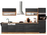 Küchenzeile KOCHSTATION "KS-Wien", schwarz (küche: grau, front: anthrazit, korpus: wotaneichefarben, arbeitsplatte: wotaneichefarben), B:350cm T:60cm, Komplettküchen-Sets, Küchenzeile, Breite 350 cm, wahlweise mit E-Geräten und Induktion