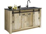 Spülenschrank HOME AFFAIRE "Sherwood", braun (old style hell dekor), B:161cm H:93cm T:64cm, Holzwerkstoff, Schränke, Spülenschrank, Breite 161 cm, Scheunentorbeschlag und Apothekergriffe aus Metall