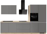 Küche IMPULS KÜCHEN "Dublin", Anti Fingerprint Oberfläche, Schubkästen mit Soft-Close", grau (küche: grau, arbeitsplatte: eiche nachbildung hell), B:340cm H:222cm T:60cm, Komplettküchen-Sets, Küche, vormontiert, wahlweise mit E-Geräten, mit Vollauszug, Breite 340 cm