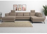 Wohnlandschaft SIT & MORE "Olsen U-Form", grau (taupe), B:335cm H:88cm T:201cm, 98% Polyester 2%Polyamid, Sofas, Wohnlandschaft, inklusive Sitztiefenverstellung, wahlweise mit Bettfunktion, 15cm hoch