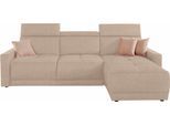 Ecksofa DOMO COLLECTION "Ava mit moderner Sitzheftung & toller Doppelnaht, komfortabel, L-Form", beige (natur), B:262cm H:84cm T:167cm, Kunstleder SOFTLUX;Struktur fein (100% Polyester);Zierkissen: Microfaser PRIMABELLE (100% Polyester);Struktur (100% Polyester);Microfaser PRIMABELLE (100% Polyester), Sofas, Ecksofa, mit Recamiere, inkl. Federkern, wahlweise mit Kopfteilverstellungen