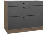 Unterschrank WIHO KÜCHEN "Elba, mit zwei Auszügen", schwarz (front: schwarz, korpus: halifax eiche braun), B:90cm H:82cm T:57cm, Holzwerkstoff, Schränke, Unterschrank, in den Breiten 90 und 100 cm