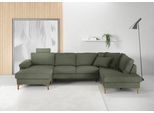 Wohnlandschaft 3C CANDY "Lecce, wahlweise PUR-Schaumstoff oder Tonnentaschenfederkern U-Form", grün (oliv), B:339cm H:86cm T:220cm, 95% Polyester, 5% Nylon, Sofas, Wohnlandschaft, Bettkasten in Umbauecke und Longchair, sowie Querschläfer im 2-Sitzer