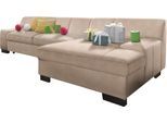 Ecksofa DOMO COLLECTION "Norma, elegant & modern, mit flachen Armlehnen, Breite 268cm, L-Form", beige (natur), B:268cm H:74cm T:153cm, NaturLEDER in Sitz und Rücken. Korpus in passendem Kunstleder SOFTLUX bezogen;Struktur (90% Polyester, 10% Polyacryl);Mosel Struktur (100% Polyester);Kunstleder SOFTLUX;Microfaser-PRIMABELLE (100% Polyester), Sofas, Ecksofa, wahlweise mit Bettfunktion