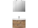 Badmöbel-Set SAPHIR "Serie 4010 2-teilig Keramik-Waschtisch mit LED-Spiegelschrank", braun (eiche ribbeck quer nachbildung), B:84cm H:200cm T:45cm, Holzwerkstoff, Kastenmöbel-Sets, Badmöbel-Set, Badezimmer Set 84 cm breit, inkl. Türdämpfer, 3 Türen, 2 Schubladen