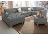 Wohnlandschaft HOME AFFAIRE "Corby, viel Platz und Komfort, U-Form", grau (hellgrau), B:333cm H:80cm T:199cm, Struktur fein (100% Polyester);Chenille (100% Polyester);NaturLEDER (echtes Rindsleder) auf Sitzfläche, Kunstleder im Korpus;Melrose (100% Polyester), Sofas, Wohnlandschaft, wahlweise mit Bettfunktion, Steppung auf Sitzfläche